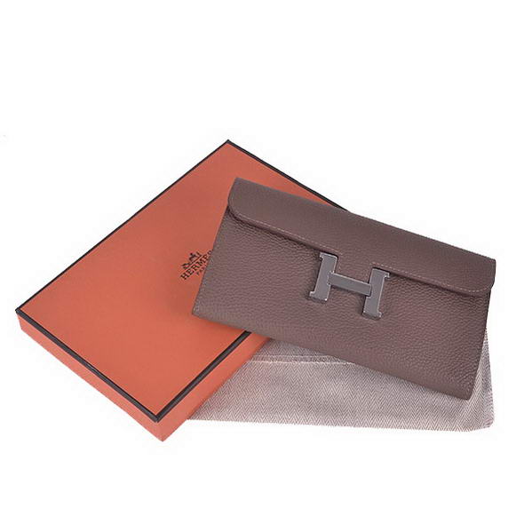 Cheap Fake Hermes Constance Long Wallets Khaki Calfskin Leather Silver